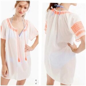 J Crew White Boho Tunic Top With Neon Orange Embroidery & Tassels 100% Cotton XL